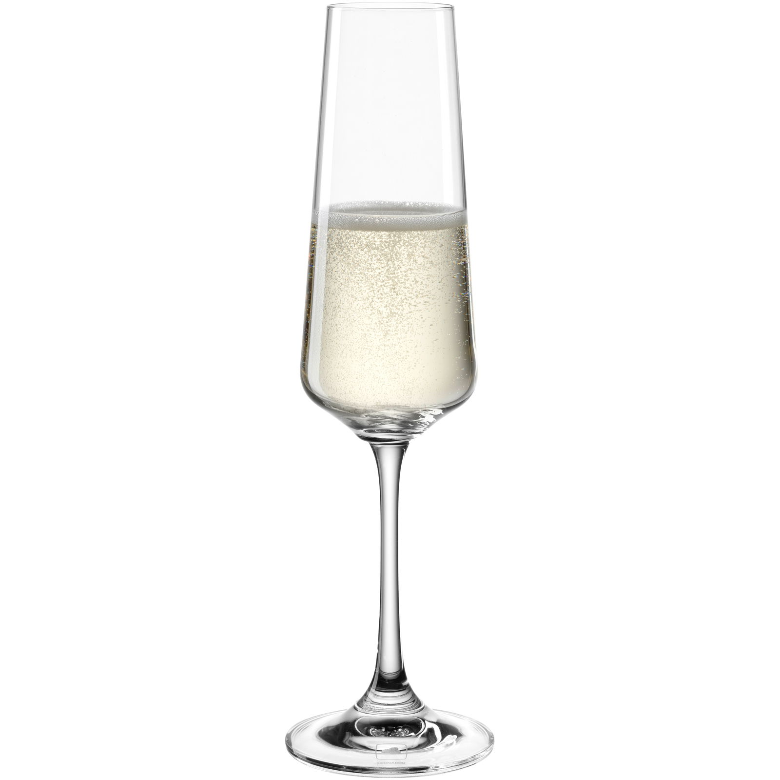 Elegantes Sektglas Paladino 220ml, gefüllt mit sprudelndem Sekt, seitliche Perspektive.
