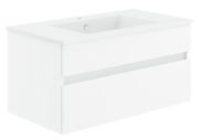 Weiße Badkombination mit Waschbecken und zwei Schubladen, seitliche Perspektive
