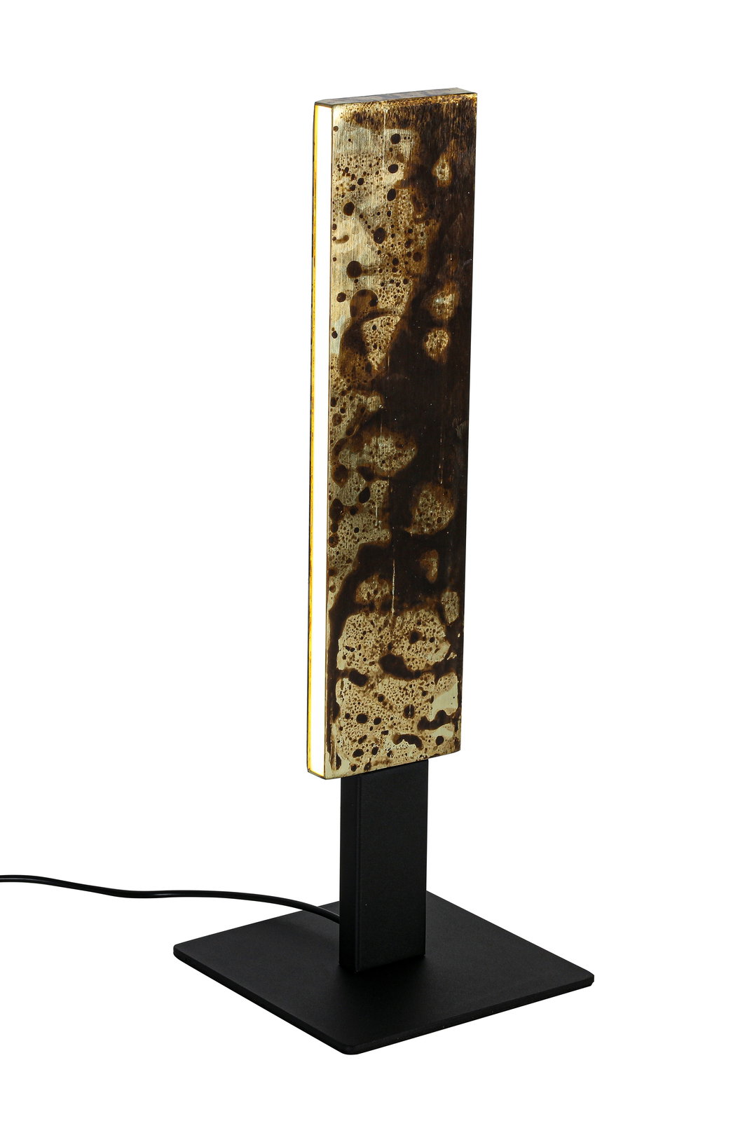 LED-Tischleuchte mit rechteckigem, künstlerisch gemustertem Leuchtkörper auf schwarzem Sockel, seitliche Perspektive