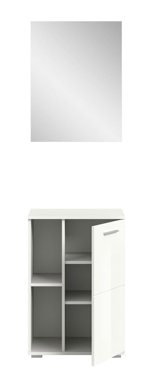 Garderobenkombination bestehend aus einem rechteckigen Spiegel und einem weißen Schrank mit offenen Fächern und einer geöffneten Tür, frontal betrachtet.