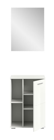 Garderobenkombination bestehend aus einem rechteckigen Spiegel und einem weißen Schrank mit offenen Fächern und einer geöffneten Tür, frontal betrachtet.