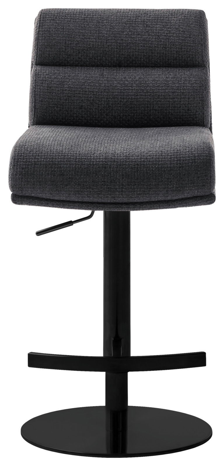 Moderner Barstuhl in dunklem Stoffbezug, Frontalansicht