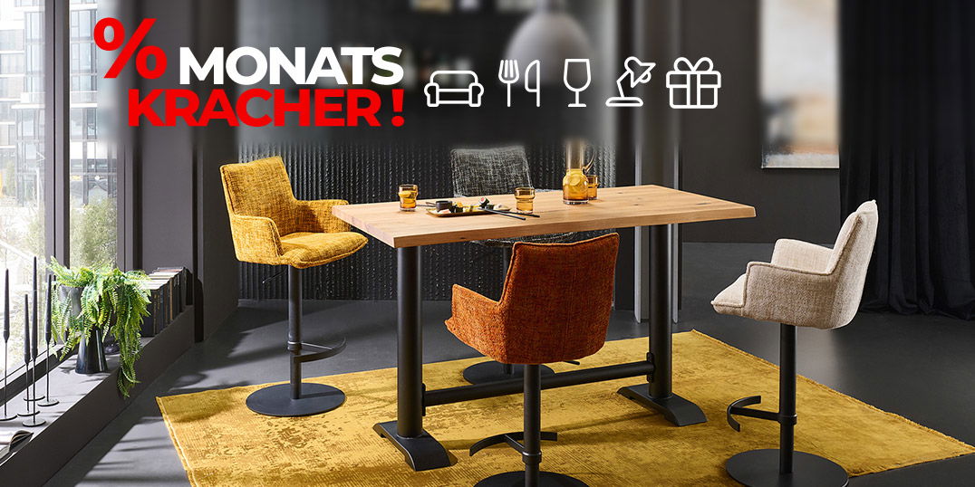 Moderner Essbereich mit Holztisch und Polsterstühlen, beworben als Monatskracher mit Sonderangebot