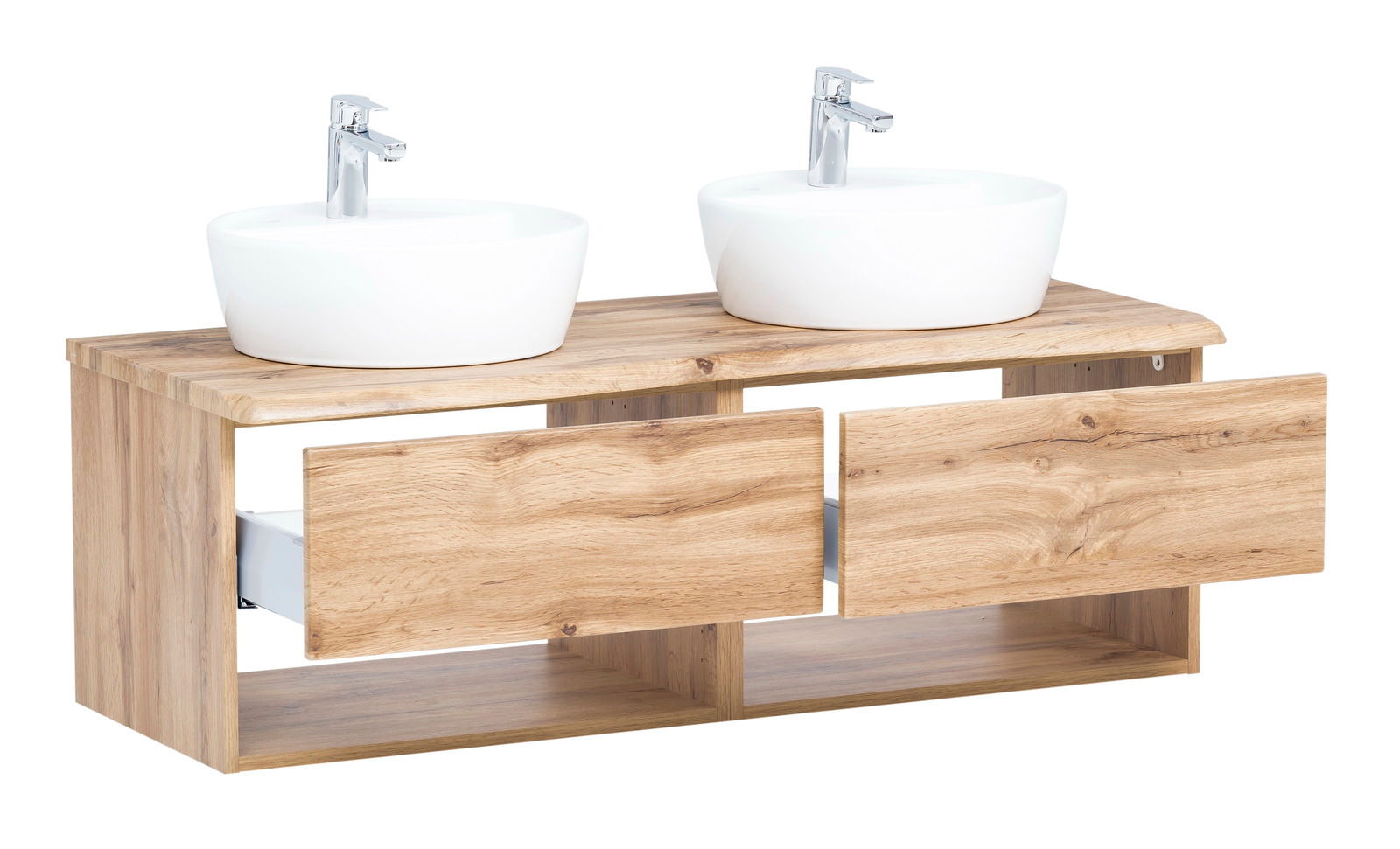 Waschtisch-Set mit zwei weißen Aufsatzwaschbecken und Holzunterschrank, Frontalansicht