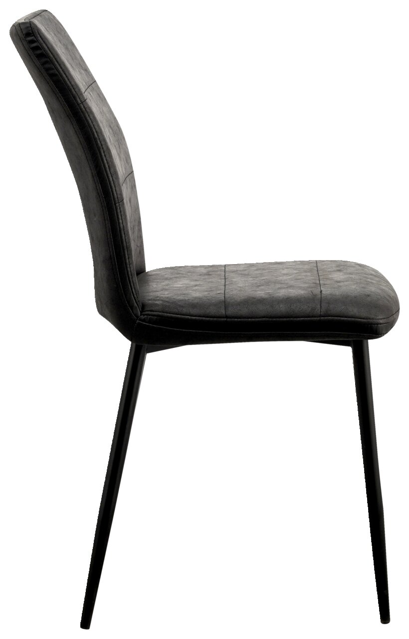 Moderne grijze stoel met zwart metalen frame, zijaanzicht