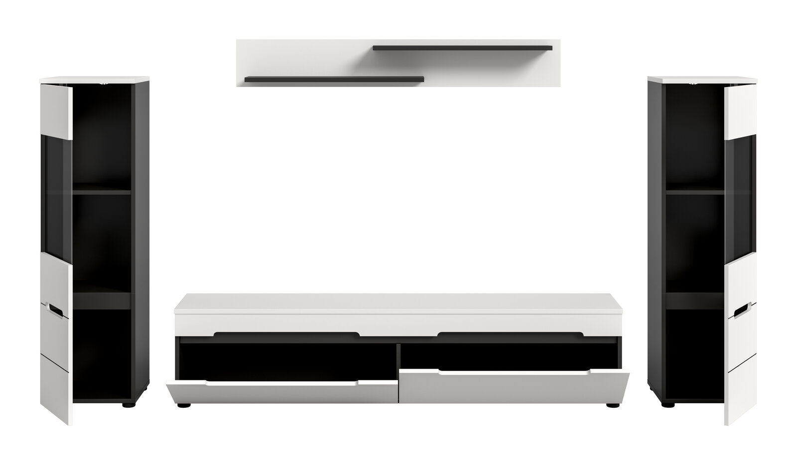 Modernes Wohnzimmermöbel-Set in Schwarz-Weiß mit TV-Lowboard (Schubladen geöffnet), zwei hohen Vitrinenschränken (Türen geöffnet) und zwei Wandregalen, frontale Ansicht