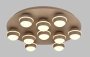 Moderne LED-Deckenleuchte mit neun runden Leuchtkörpern, Ansicht von unten.
