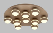 Moderne led-plafondlamp met negen ronde lampen, gezien van onderaf.