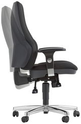 Moderner Drehsessel in Seitenansicht mit verstellbarer Rückenlehne und Armlehnen, auf einem stabilen, verchromten Fuß mit Rollen.