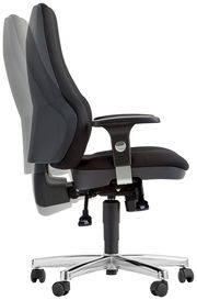 Moderner Drehsessel in Seitenansicht mit verstellbarer Rückenlehne und Armlehnen, auf einem stabilen, verchromten Fuß mit Rollen.