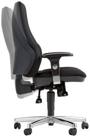 Moderner Drehsessel in Seitenansicht mit verstellbarer Rückenlehne und Armlehnen, auf einem stabilen, verchromten Fuß mit Rollen.