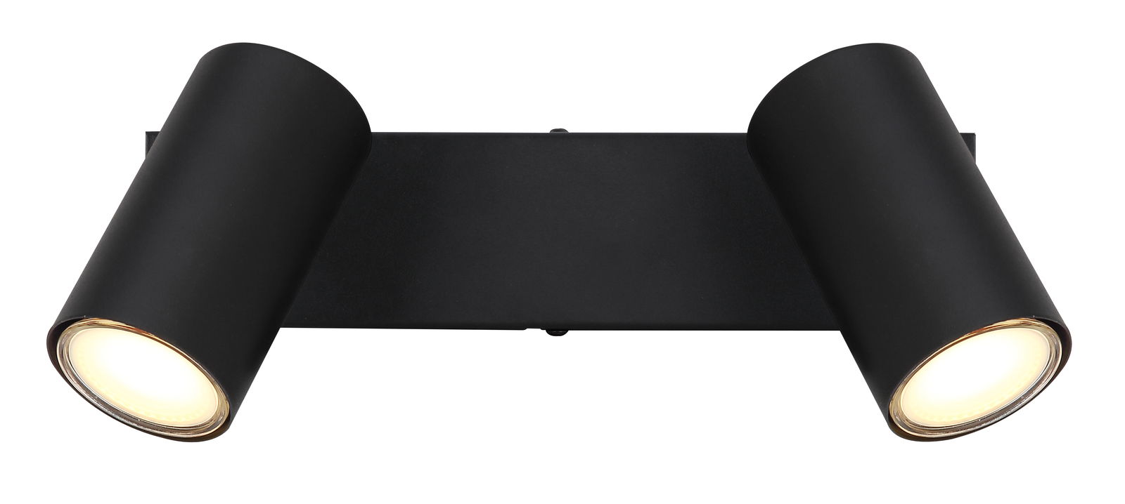 Schwarzer Doppelstrahler mit zylindrischen Leuchten, seitliche Perspektive