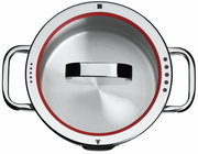 Top-Ansicht eines Gemüsetopfs mit Deckel, Edelstahl mit rotem Dichtungsring und zwei Griffen.