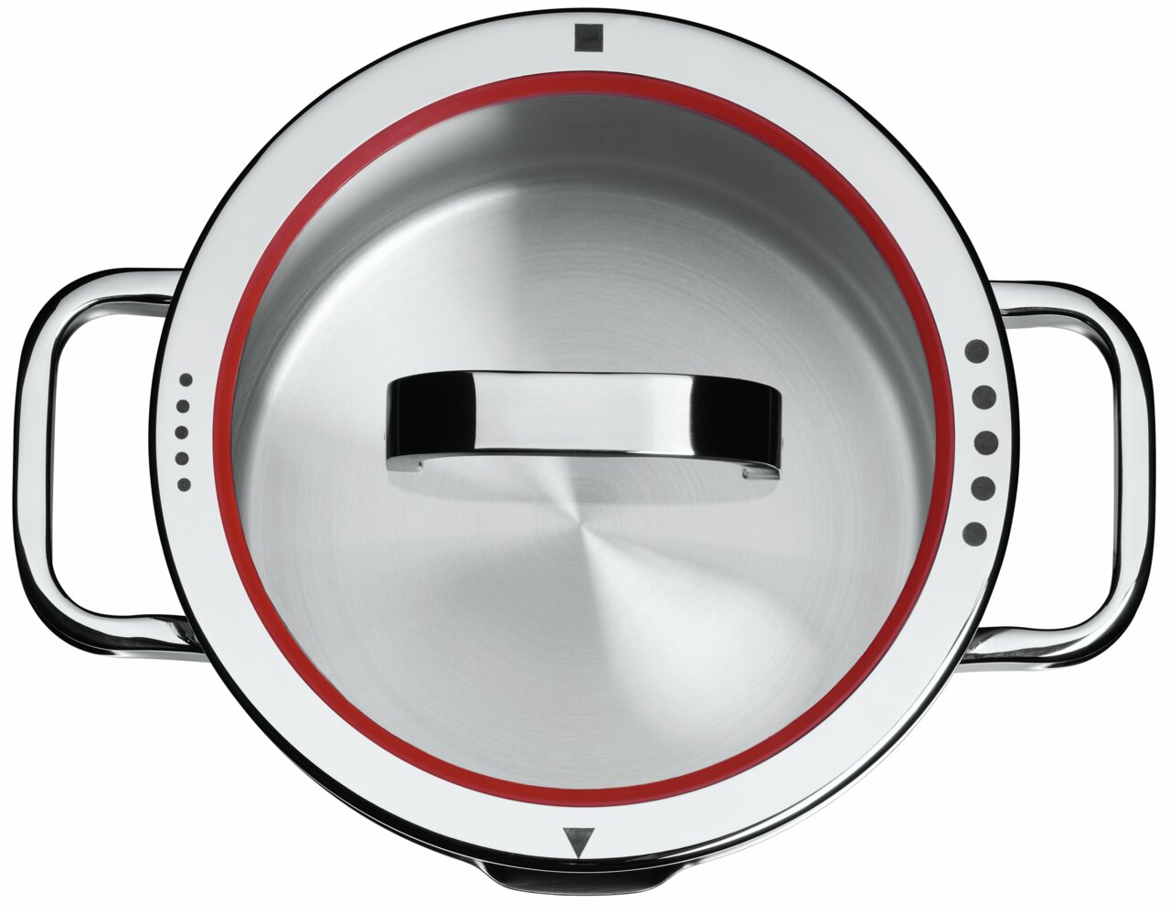 Top-Ansicht eines Gemüsetopfs mit Deckel, Edelstahl mit rotem Dichtungsring und zwei Griffen.