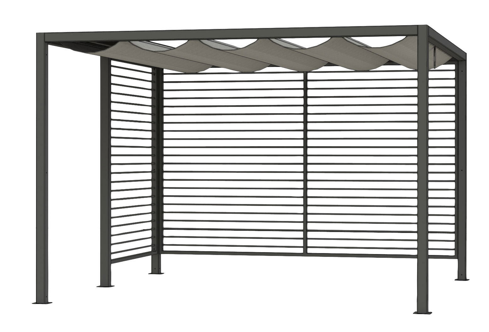 Moderner Sichtschutz aus Aluminium mit horizontalen Lamellen und wellenförmigem Dach, seitliche Perspektive.