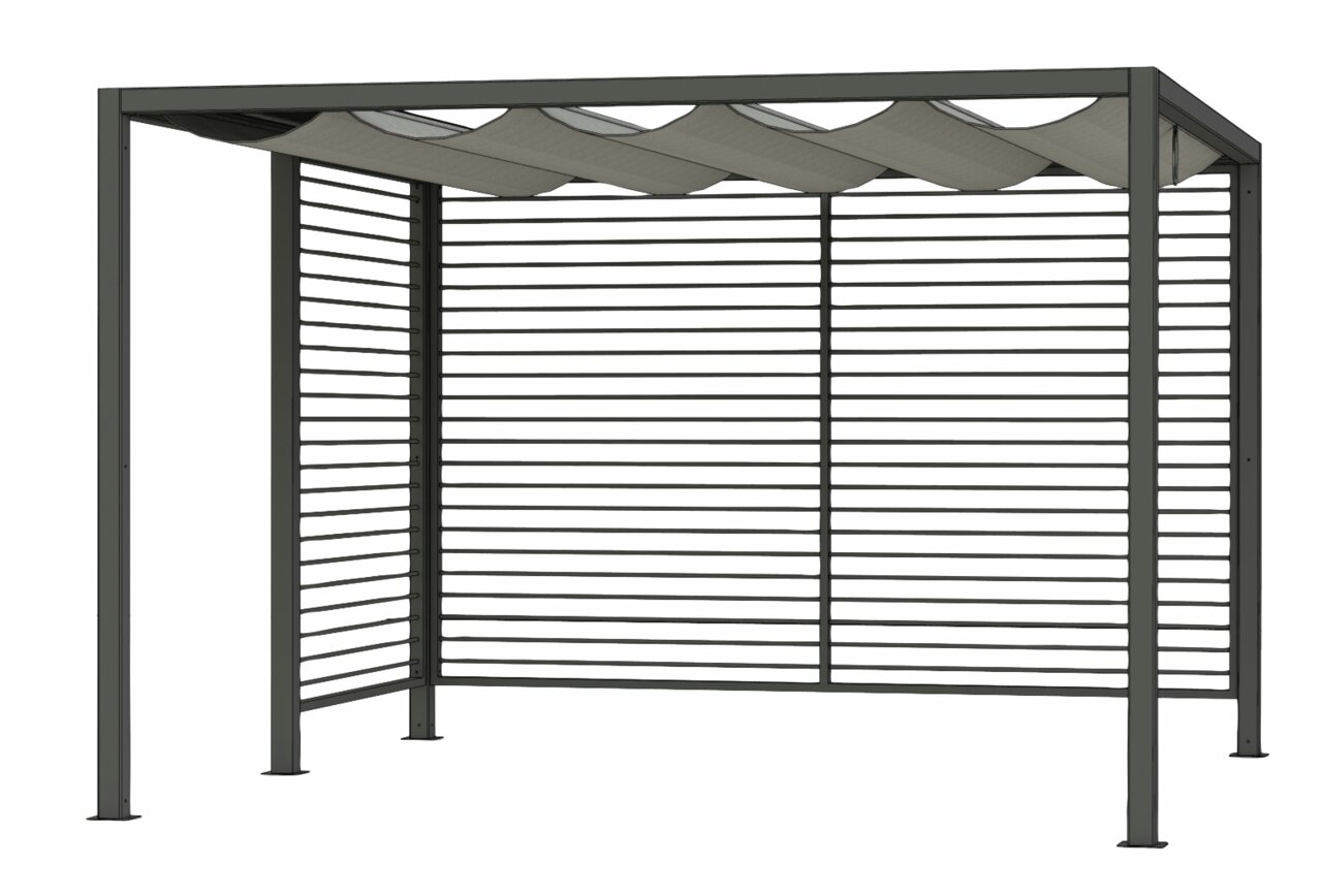 Moderne privacyafscherming van aluminium met horizontale lamellen en een golvend dak, gezien vanaf de zijkant.