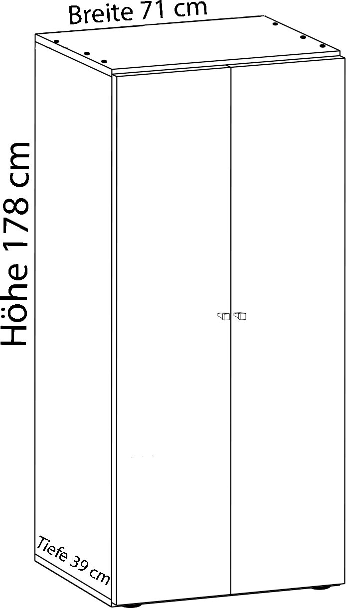 VCM Schuhschrank VANDOL Schlichter zweitüriger Schrank in technischer Strichzeichnung mit Maßen 178 cm Höhe, 71 cm Breite und 39 cm Tiefe, dargestellt in leicht schräger Vorderansicht (Perspektive von vorn oben).