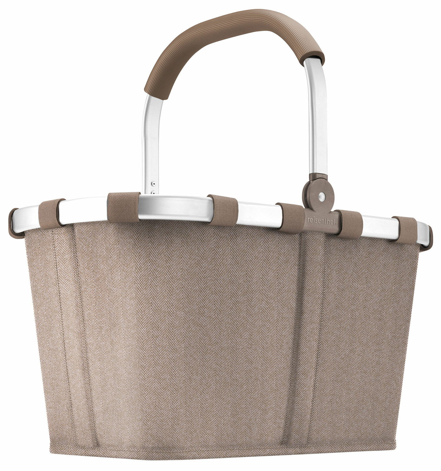 Brauner Einkaufskorb mit Aluminiumrahmen und Griff, seitliche Perspektive