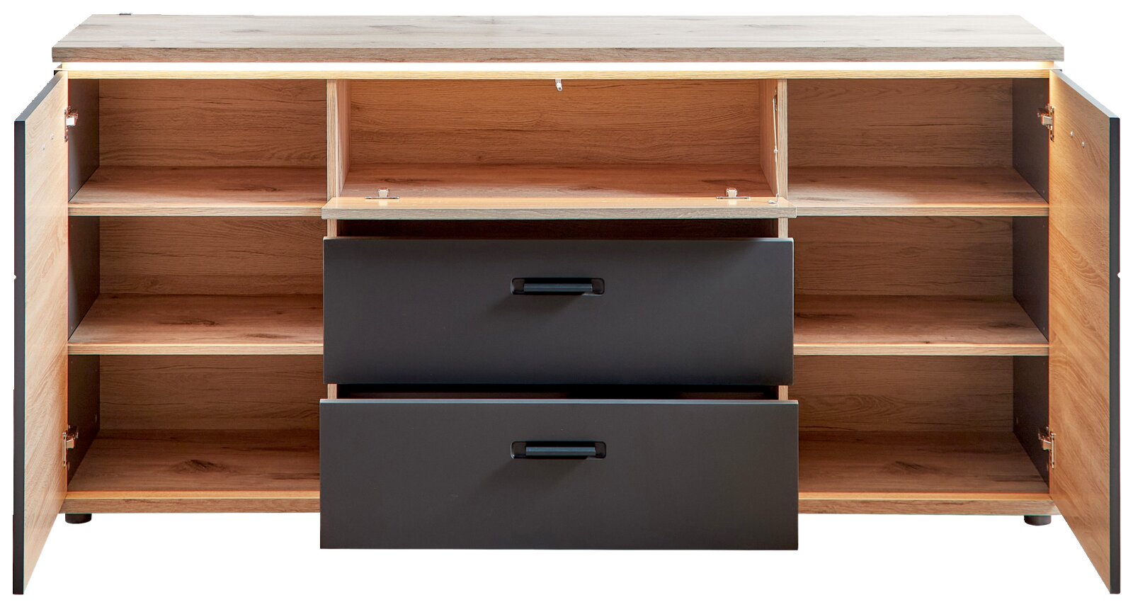 Offenes Sideboard in Holzoptik mit zwei schwarzen Schubladen und seitlichen Türen, Innenfächer sichtbar, Frontansicht