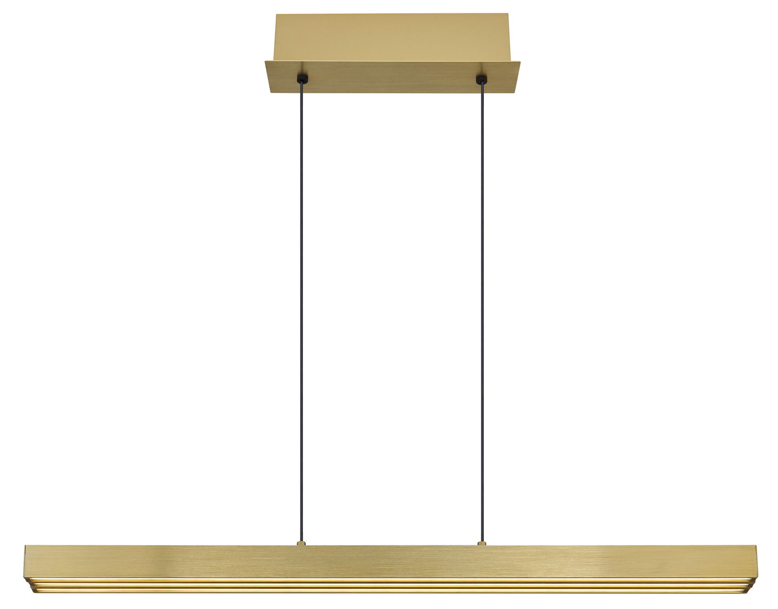 Moderne Hängeleuchte in goldener Farbe, frontal abgebildet mit zwei schwarzen Kabeln.