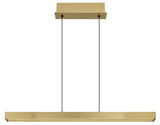 Moderne Hängeleuchte in goldener Farbe, frontal abgebildet mit zwei schwarzen Kabeln.