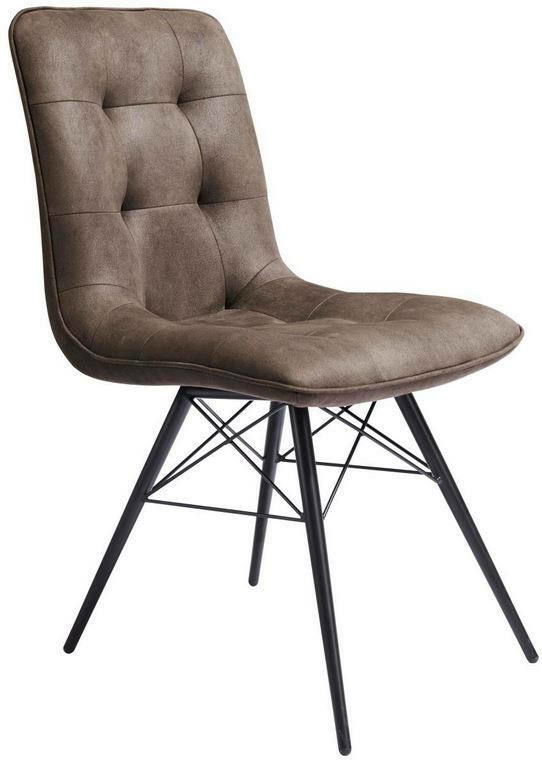 Moderner Stuhl mit braunem, gepolstertem Sitz und schwarzem Metallgestell, seitliche Perspektive