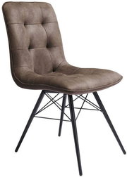 Moderner Stuhl mit braunem, gepolstertem Sitz und schwarzem Metallgestell, seitliche Perspektive