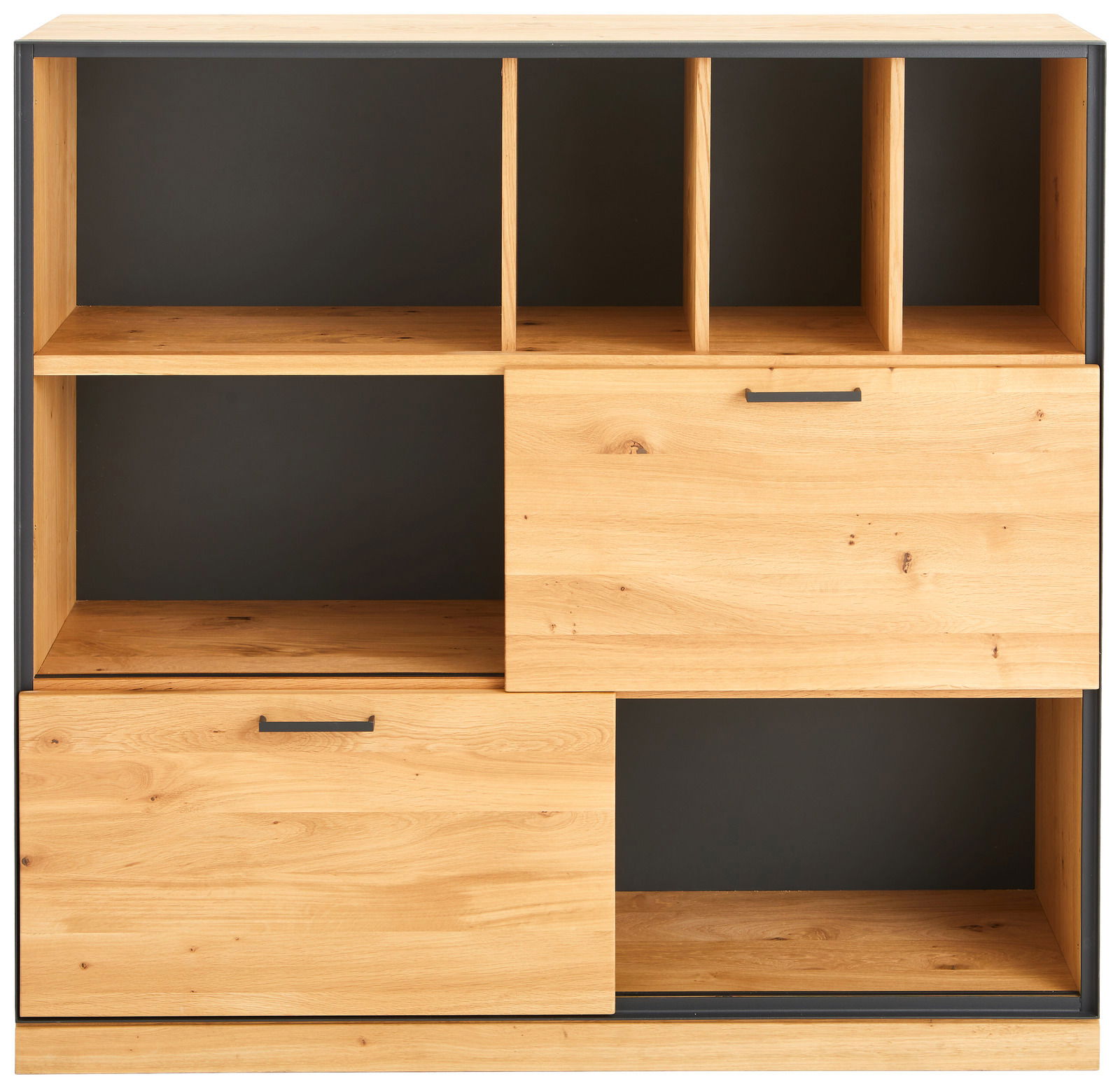 Regal-Schiebetürenschrank aus Holz mit mehreren Fächern und Schiebetüren, Frontalansicht