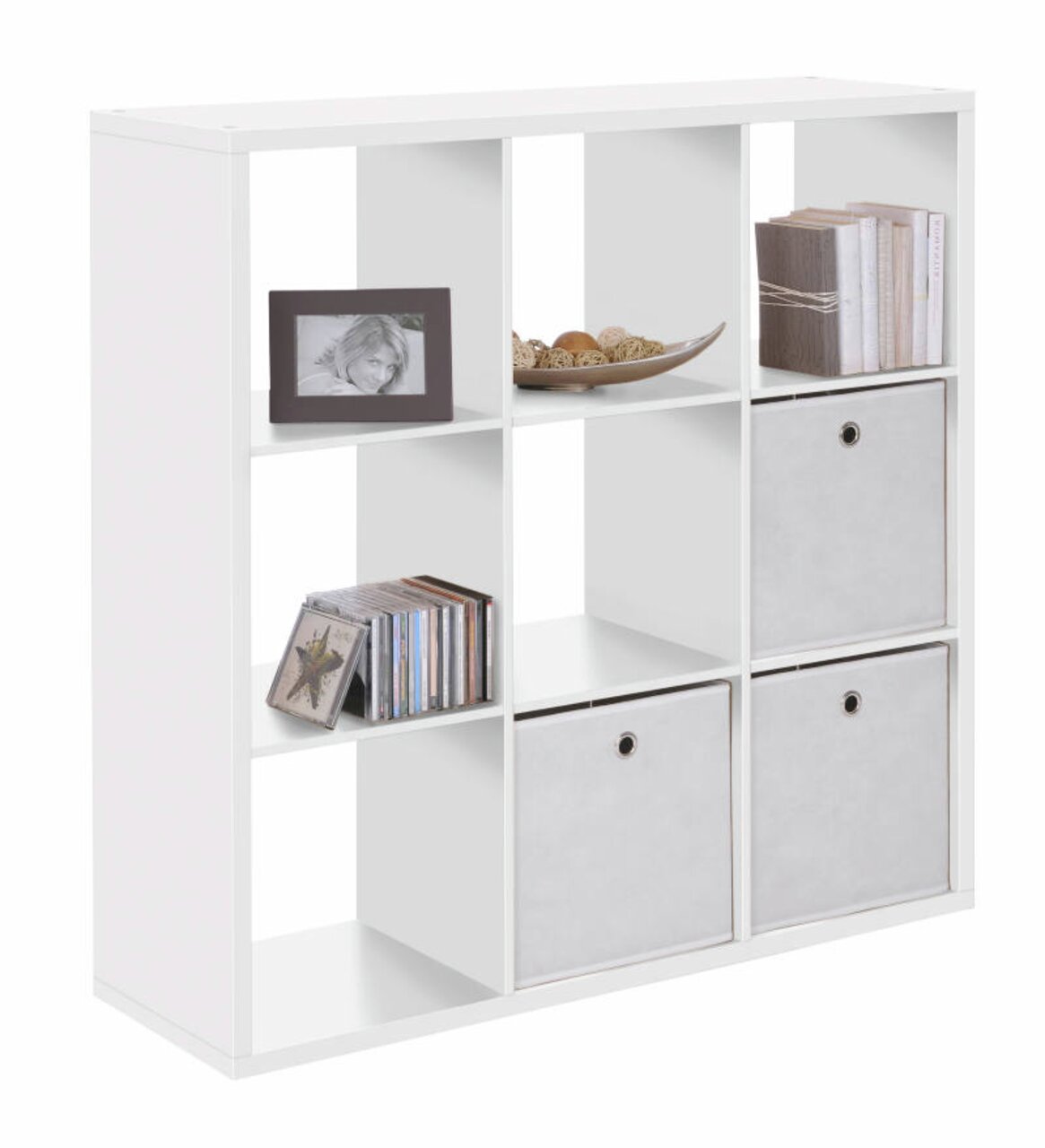 Z2 Regalwürfel (9er) MAX Weißer Regalwürfel mit 9 Fächern, teilweise mit Büchern, CDs und Aufbewahrungsboxen gefüllt, seitliche Perspektive