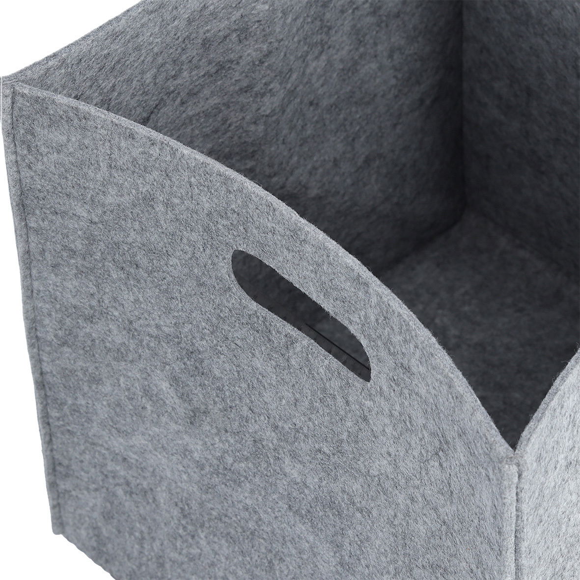 Grauer Filz-Aufbewahrungskorb mit Grifföffnung, seitliche Perspektive