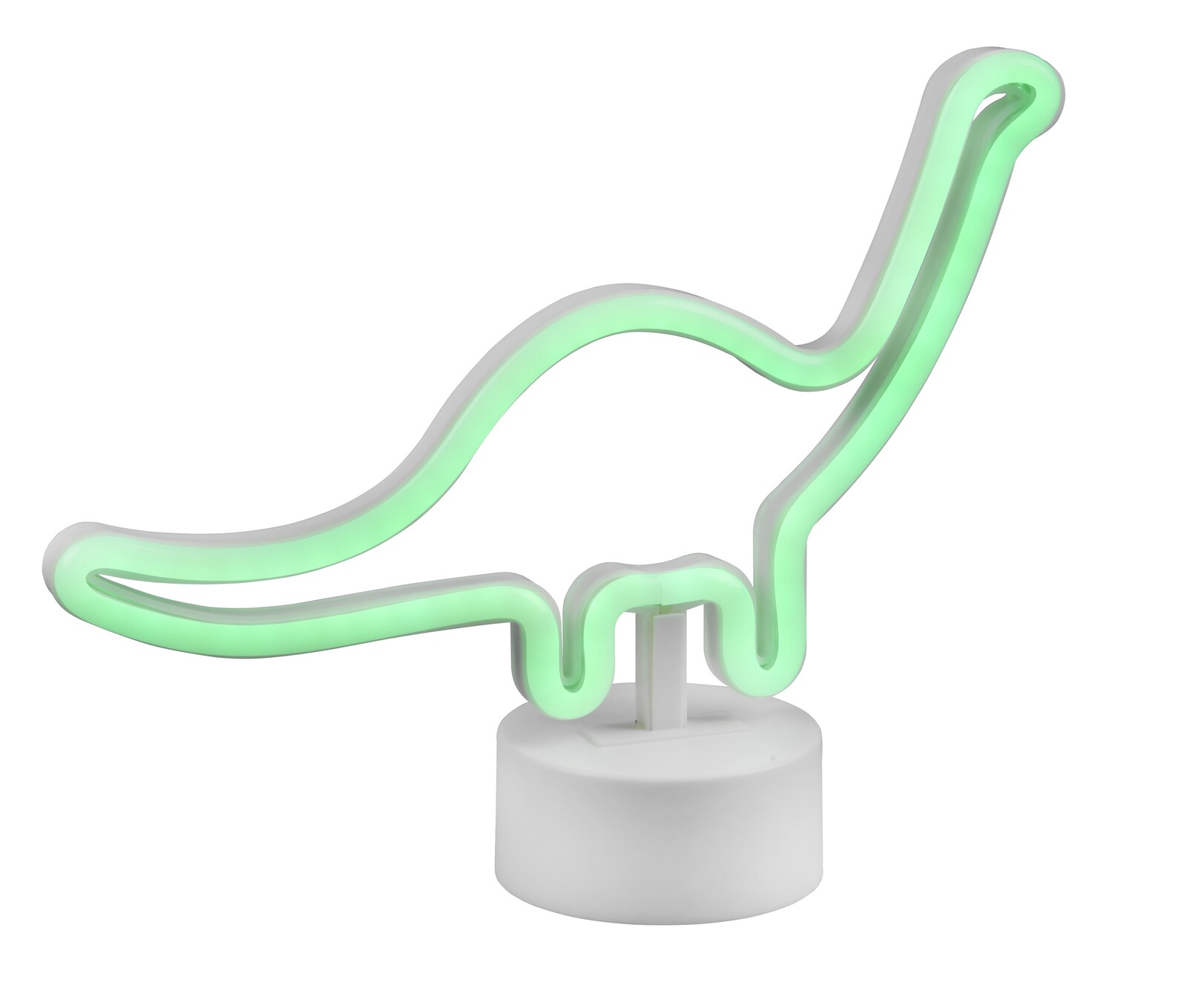 Reality Leuchten Tischleuchte BRONTO Grüne Dinosaurier-Tischleuchte aus Neonröhren auf weißem Sockel, seitliche Perspektive