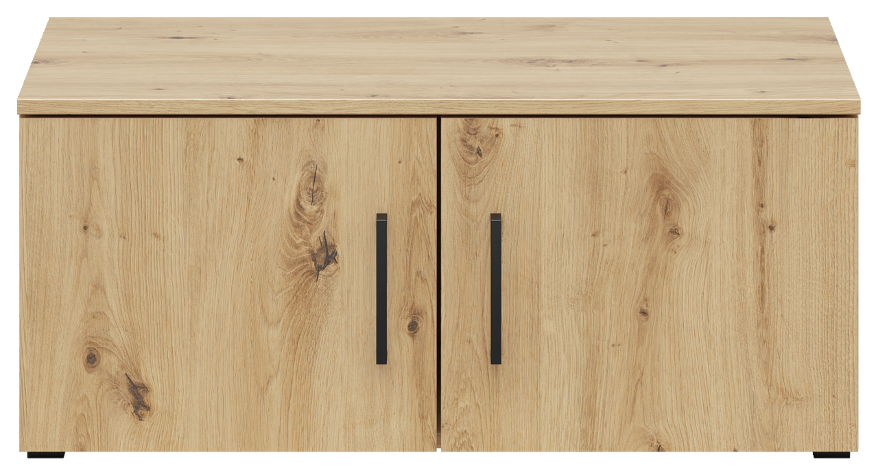 Holzfarbener Aufsatzschrank mit zwei Türen und schwarzen Griffen, Frontalansicht