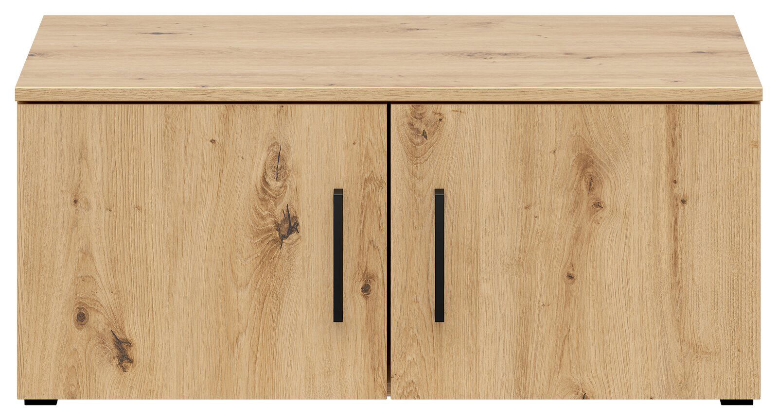 Holzfarbener Aufsatzschrank mit zwei Türen und schwarzen Griffen, Frontalansicht