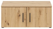 Holzfarbener Aufsatzschrank mit zwei Türen und schwarzen Griffen, Frontalansicht