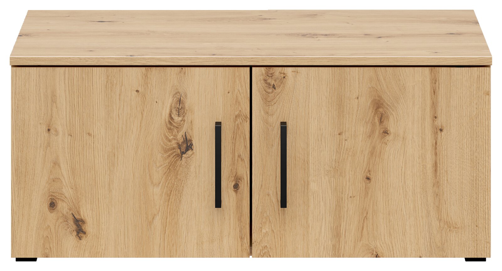 Holzfarbener Aufsatzschrank mit zwei Türen und schwarzen Griffen, Frontalansicht