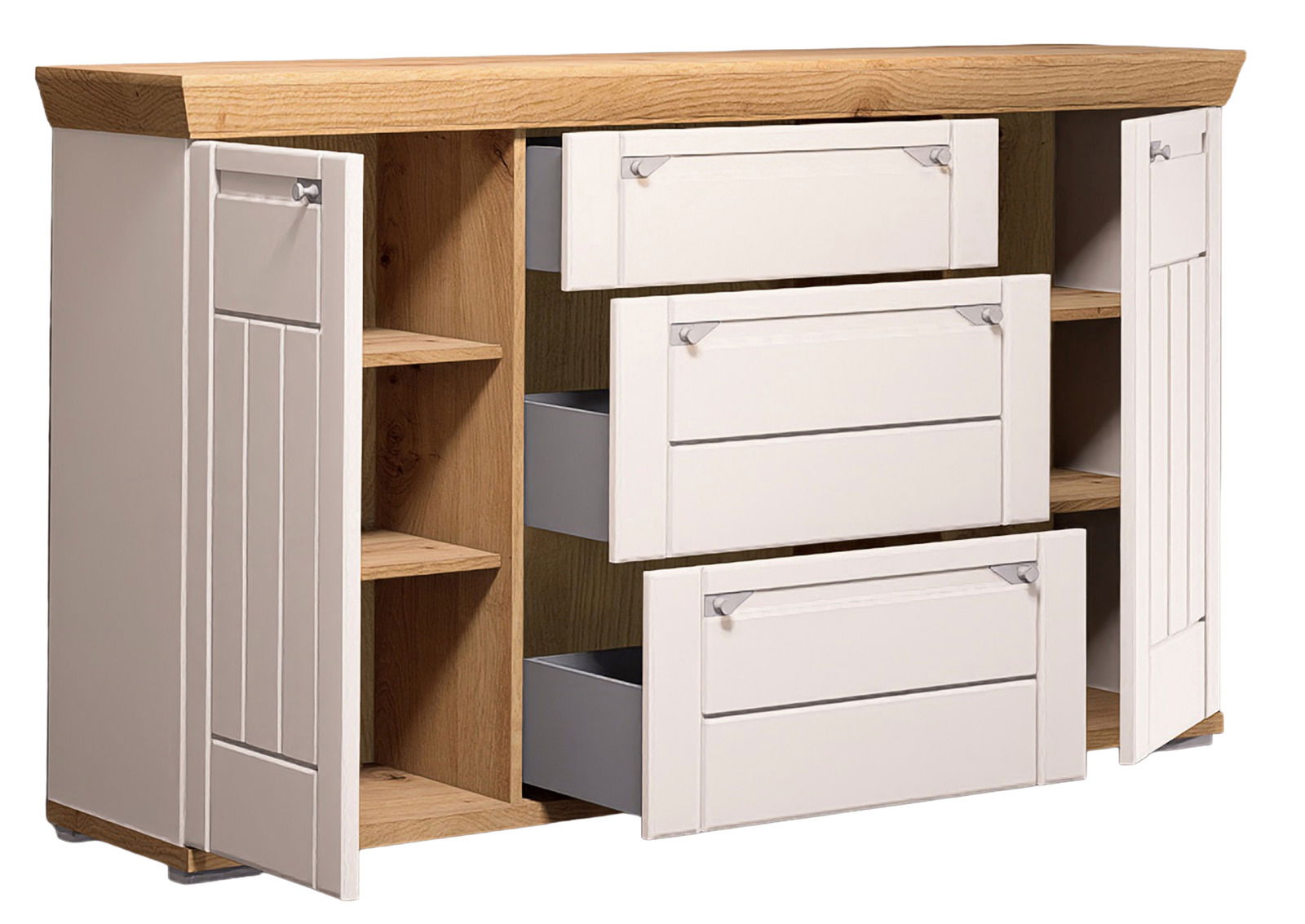 Sideboard mit Holzoberfläche, zwei offenen Türen und drei geöffneten Schubladen, seitliche Perspektive