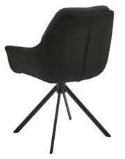 Rückansicht eines schwarzen Armlehnstuhls mit vier Metallbeinen.