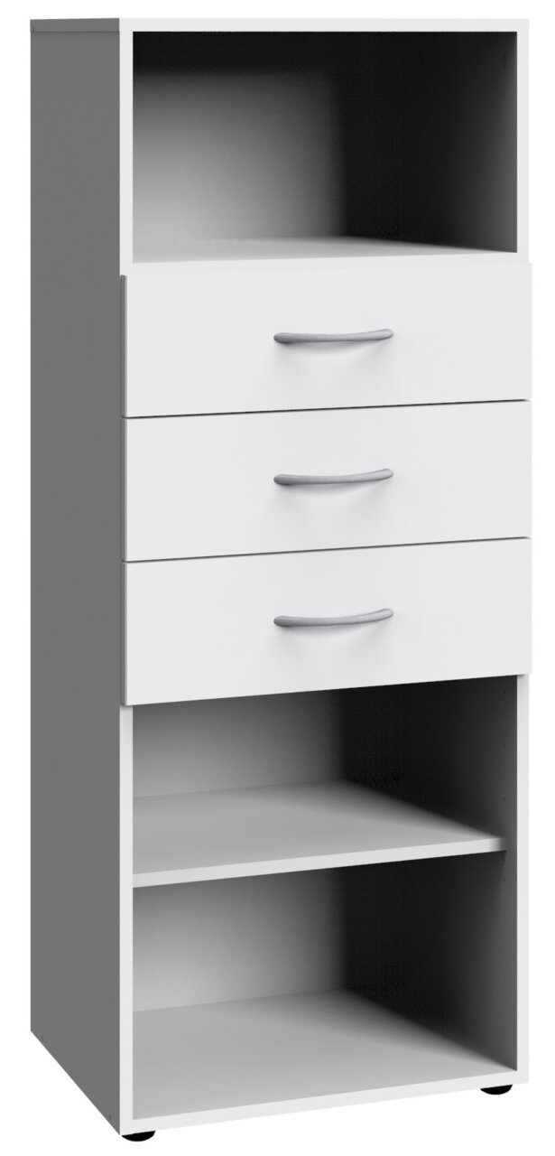 XORA Regal mittel MULTIRAUMKONZEPT Weißes Regal mit drei Schubladen und offenen Fächern, seitliche Perspektive