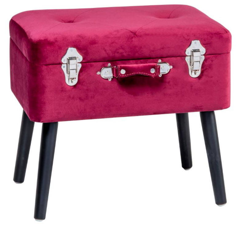 Roter Kofferhocker mit schwarzen Beinen, frontal fotografiert