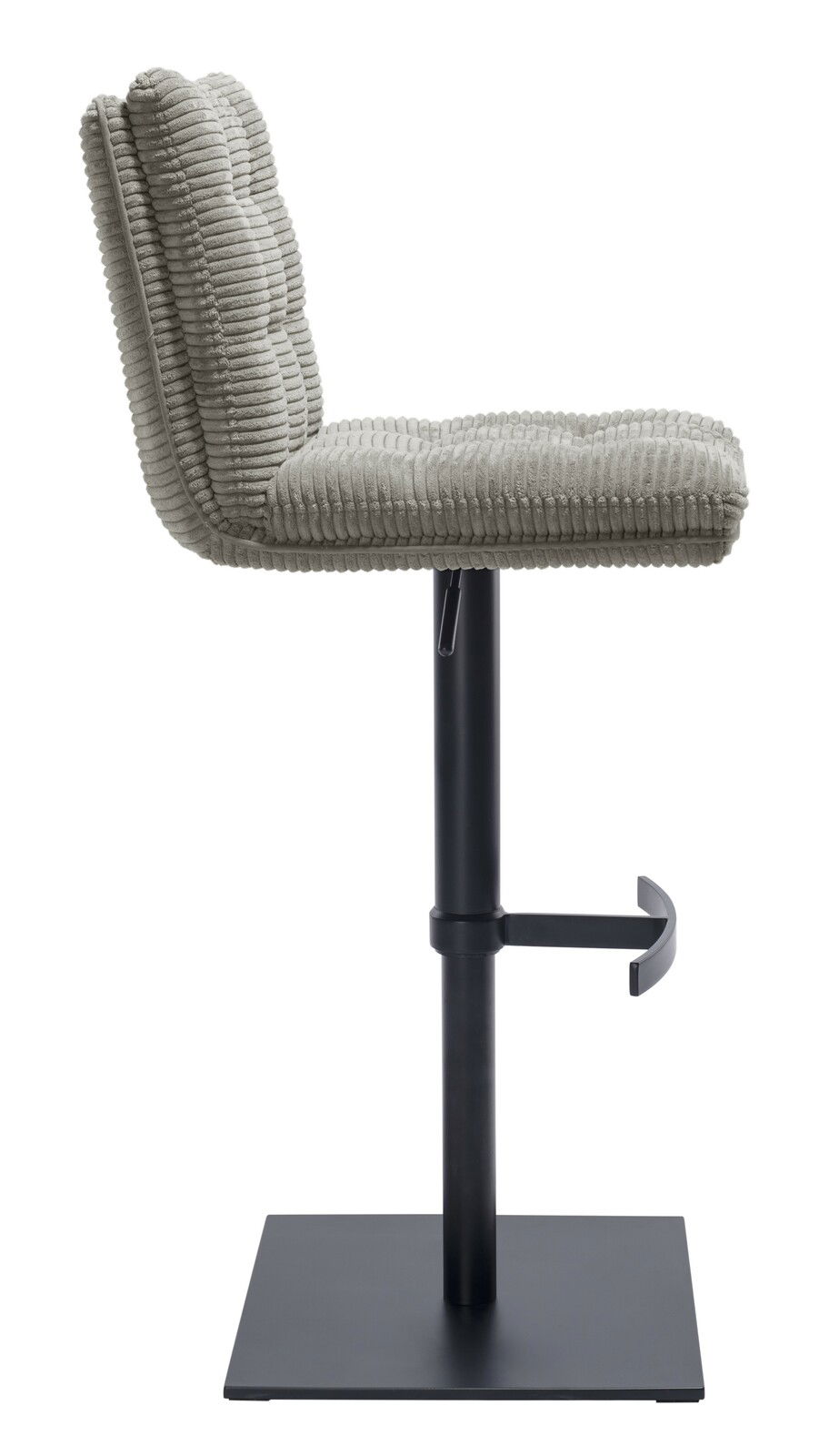 Stylife Barhocker POLLY Seitenansicht eines modernen Barhockers mit gepolstertem, geripptem Stoffbezug und schwarzem Metallgestell.