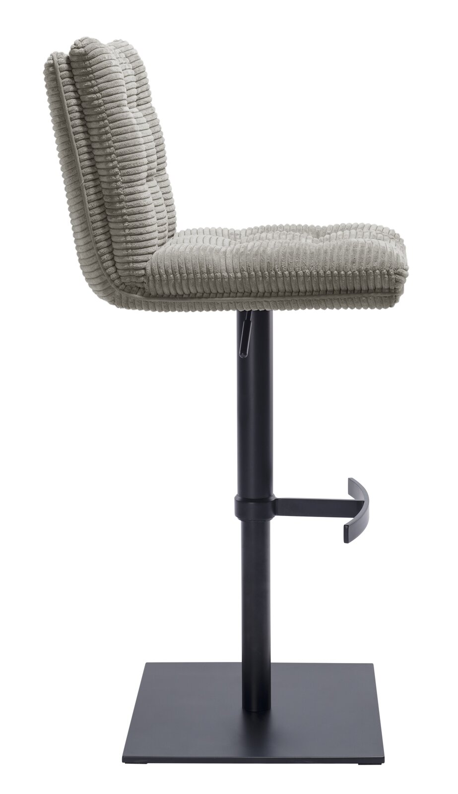 Stylife Barhocker POLLY Seitenansicht eines modernen Barhockers mit gepolstertem, geripptem Stoffbezug und schwarzem Metallgestell.