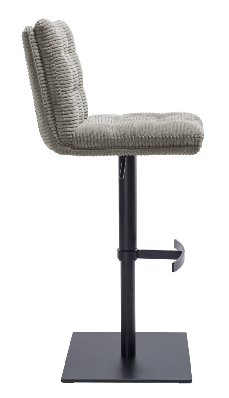 Stylife Barhocker POLLY Seitenansicht eines modernen Barhockers mit gepolstertem, geripptem Stoffbezug und schwarzem Metallgestell.
