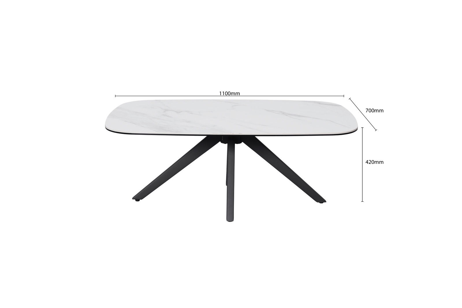 Moderner Couchtisch mit weißer Marmoroptik-Oberfläche und schwarzen Metallbeinen, seitliche Perspektive.