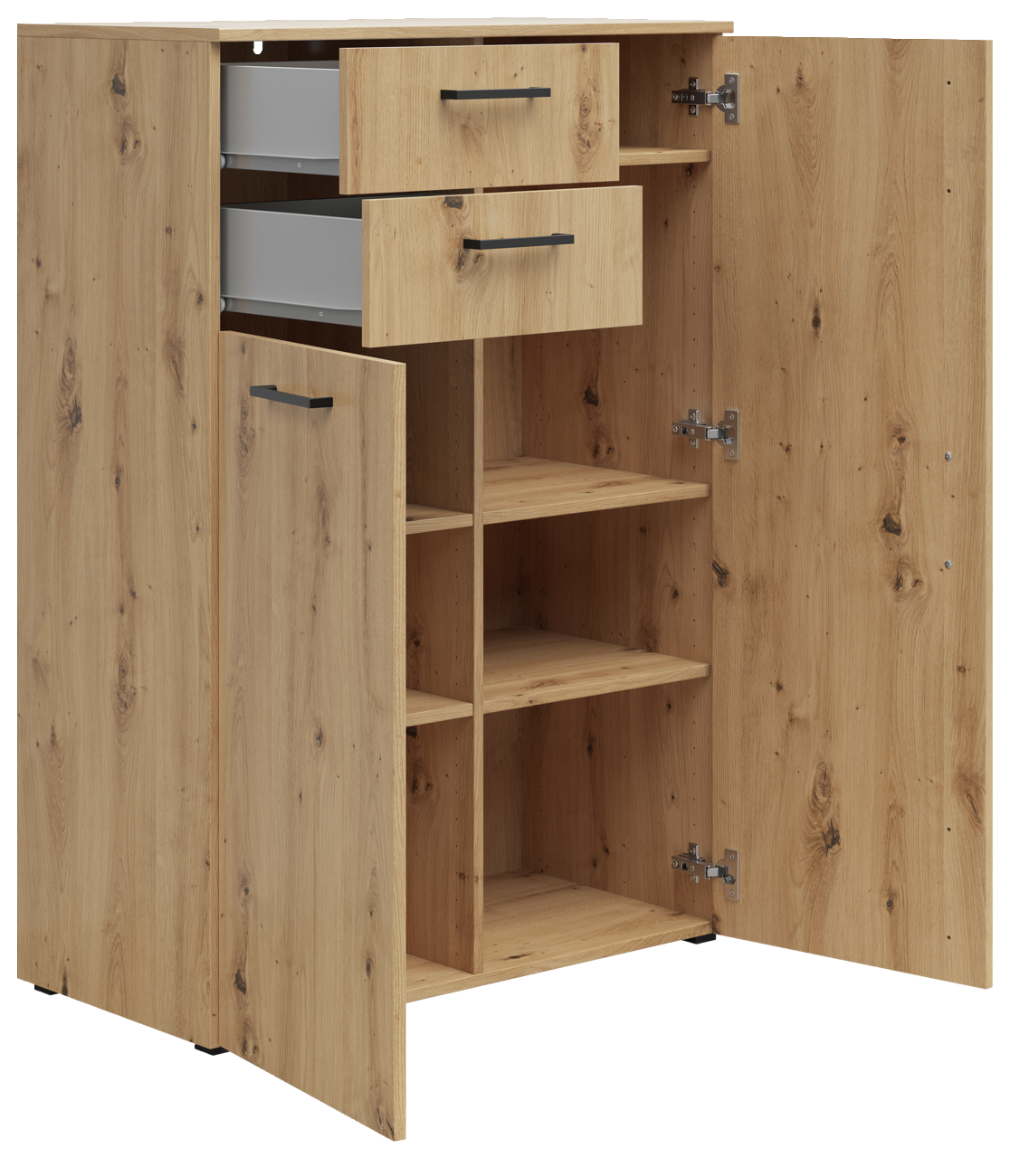 Kommode aus Holz mit zwei offenen Schubladen und zwei geöffneten Türen, die mehrere Regalfächer zeigen, Perspektive von vorne links