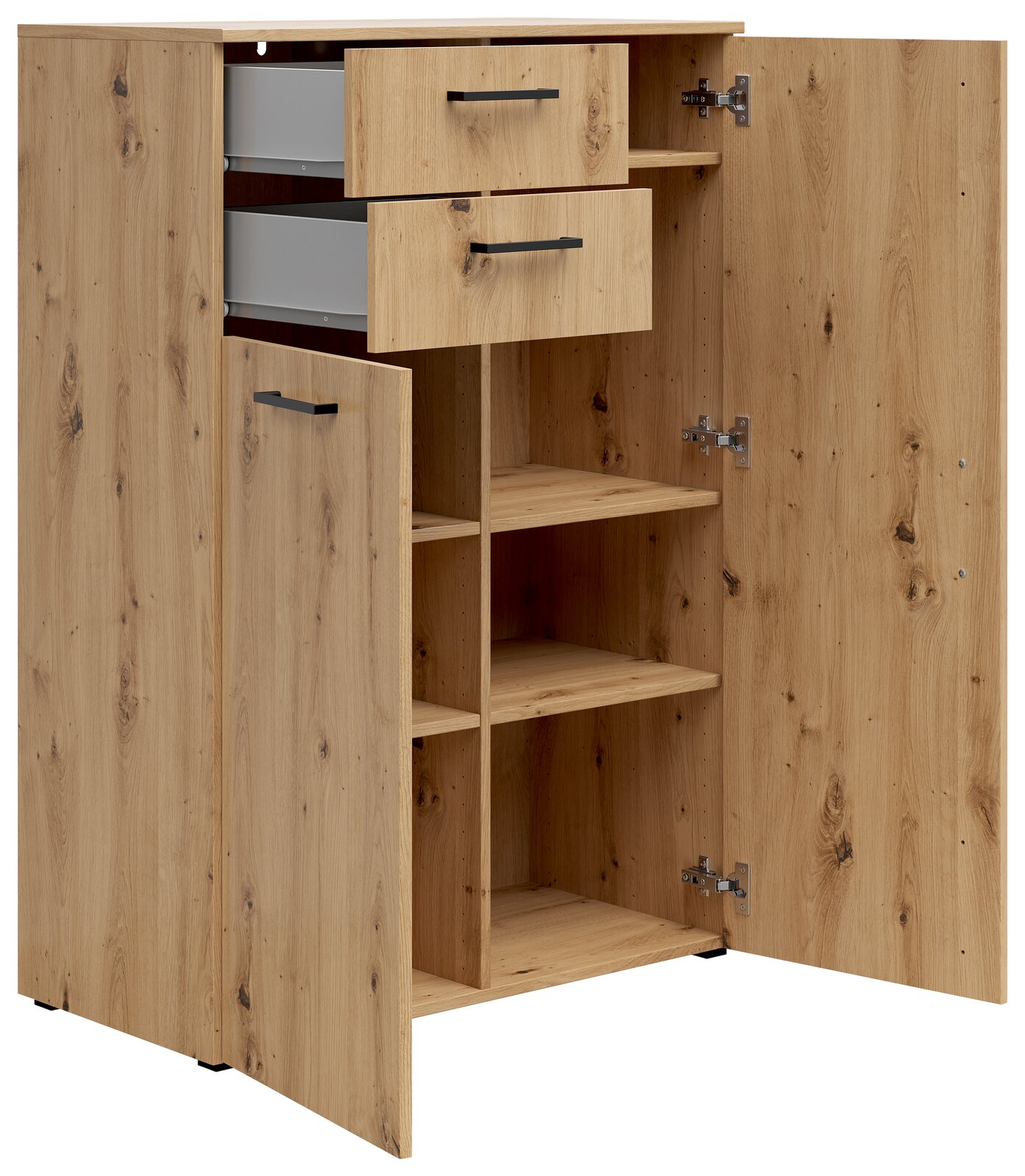 Kommode aus Holz mit zwei offenen Schubladen und zwei geöffneten Türen, die mehrere Regalfächer zeigen, Perspektive von vorne links