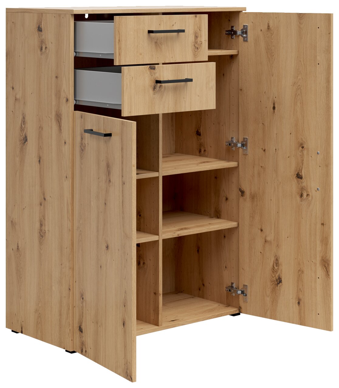 Kommode aus Holz mit zwei offenen Schubladen und zwei geöffneten Türen, die mehrere Regalfächer zeigen, Perspektive von vorne links