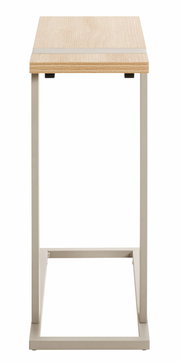 Moderner Beistelltisch mit Holzplatte und Metallgestell, seitliche Perspektive