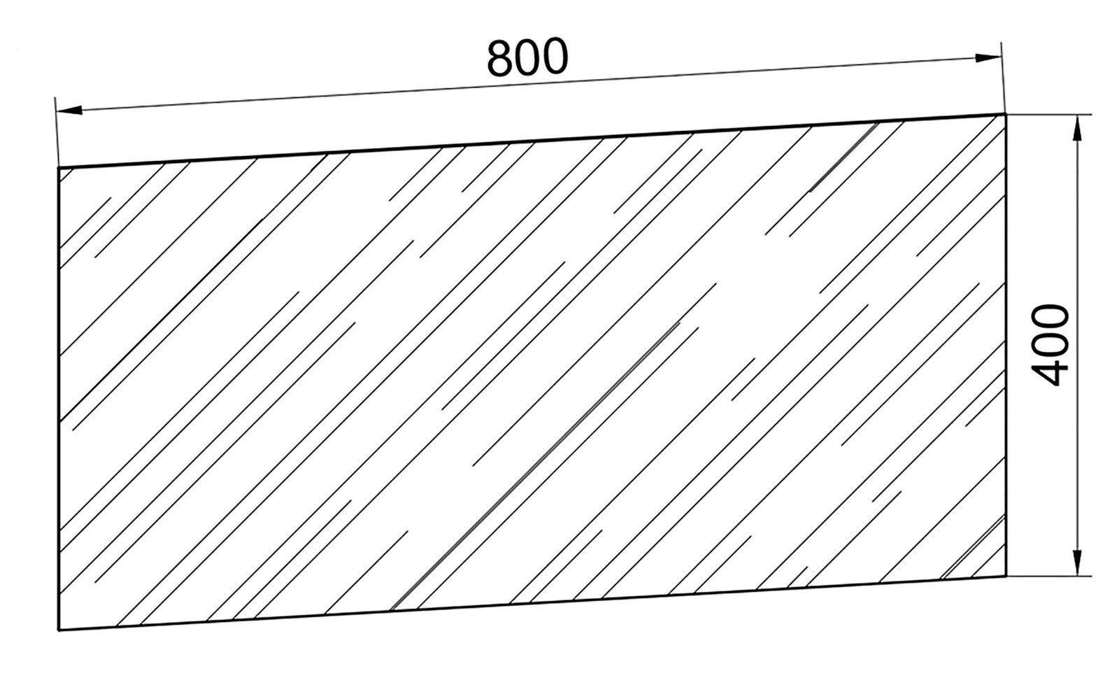 Technische Zeichnung einer rechteckigen Platte im Querformat mit schraffierter Fläche, Maße 800 x 400, Frontansicht.