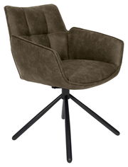 Moderner Armlehnstuhl in Olivgrün mit schwarzem Metallgestell, seitliche Perspektive