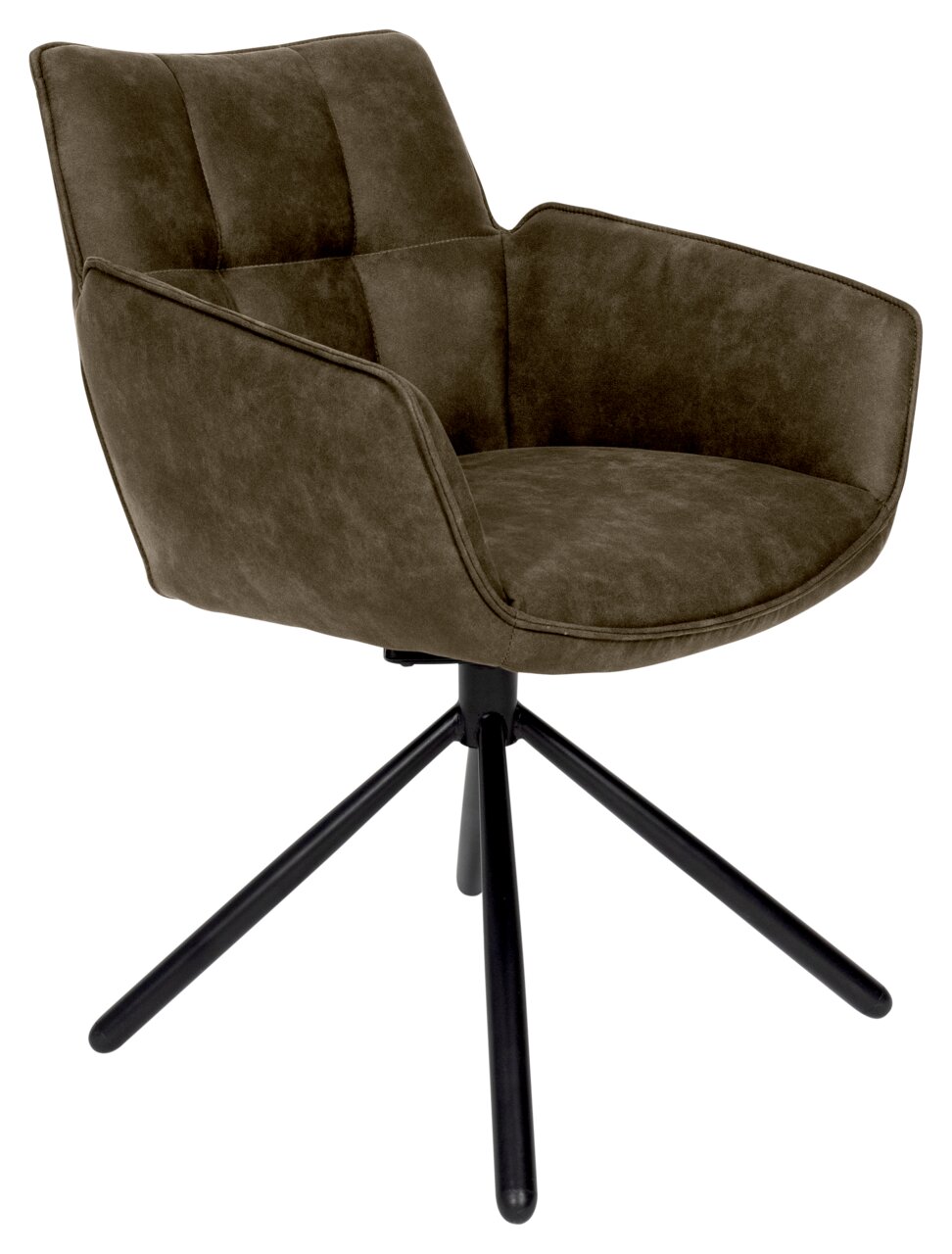 Moderner Armlehnstuhl in Olivgrün mit schwarzem Metallgestell, seitliche Perspektive